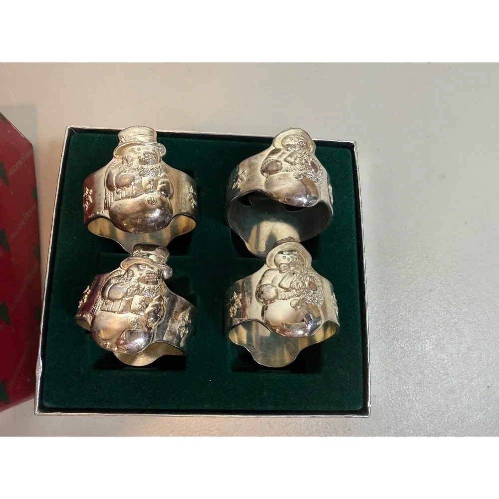 Reed Barton Vintage Italian Silver‎ R925 Santa Snowman Napkin Ring Set 4 1428/4